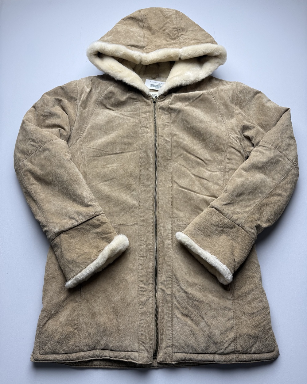 St. John's Bay Coat Womens Small Beige Suede Hooded Faux Fur Parka Warm Lined